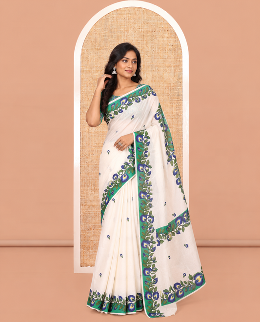 Cream Kerala Cotton Saree, Adorned with Floral Print, Contrast Floral Border, and a Contrast Floral Blouse