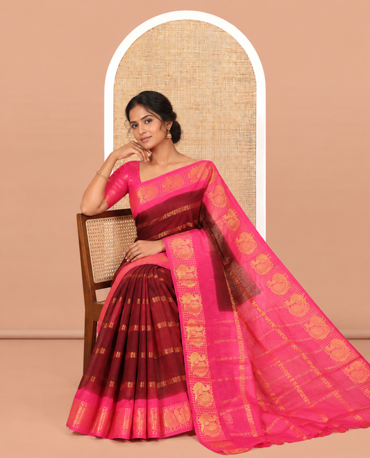 Maroon Peacock Buttas Sungudi Cotton Saree, Contrast Checked Peacock Border, Contrast Blouse
