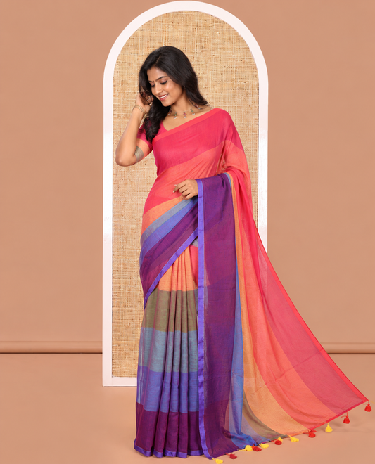 Borderless Multi-Colored Khadi Mul Cotton Saree Bedecked with Rainbow-Style Stripes All Over the Saree, Subtly Sparkled Colorful Tassels, and Paired with a Matching Blouse