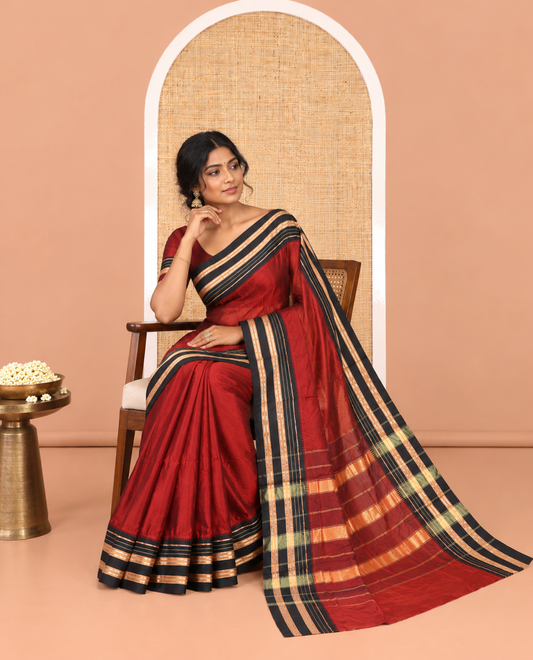 Maroon Plain Mercerised Cotton Saree, Contrast Traditional Thread Temple Border, Striped Pallu, and a Matching Blouse