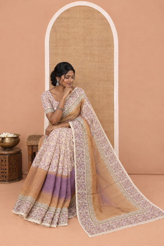 Violet Plain Ombre-Styled Kota Doria Saree, a Contrast Floral Printed Border, and a Contrast Printed Blouse