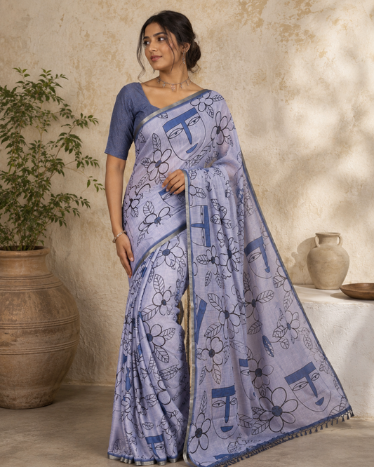 Grey Linen Cotton Saree, Depicts Flowers and Faces Printed on Its Body, Subtle Zari Piping Border, Pallu Mirrors the Self-Print, and Comes with a Contrast Blouse