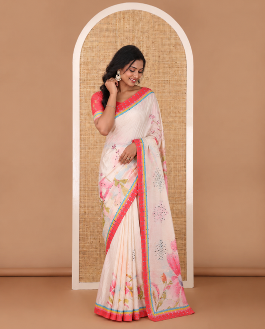 Cream floral printed, mirror work masakali saree with printed, mirror work border & printed pallu along with plain blouse