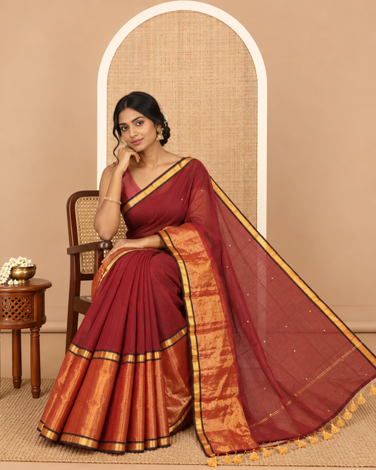 Purple Khadi Mul Cotton Saree, Gleamed Up with Sequins Work, a Golden Zari Border, Self-Pallu, and a No Blouse