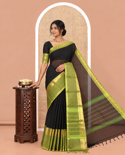 Black Plain Chettinad Cotton Saree, a Contrast Traditional Peacock Zari Border, Striped Pallu, and a Matching Blouse