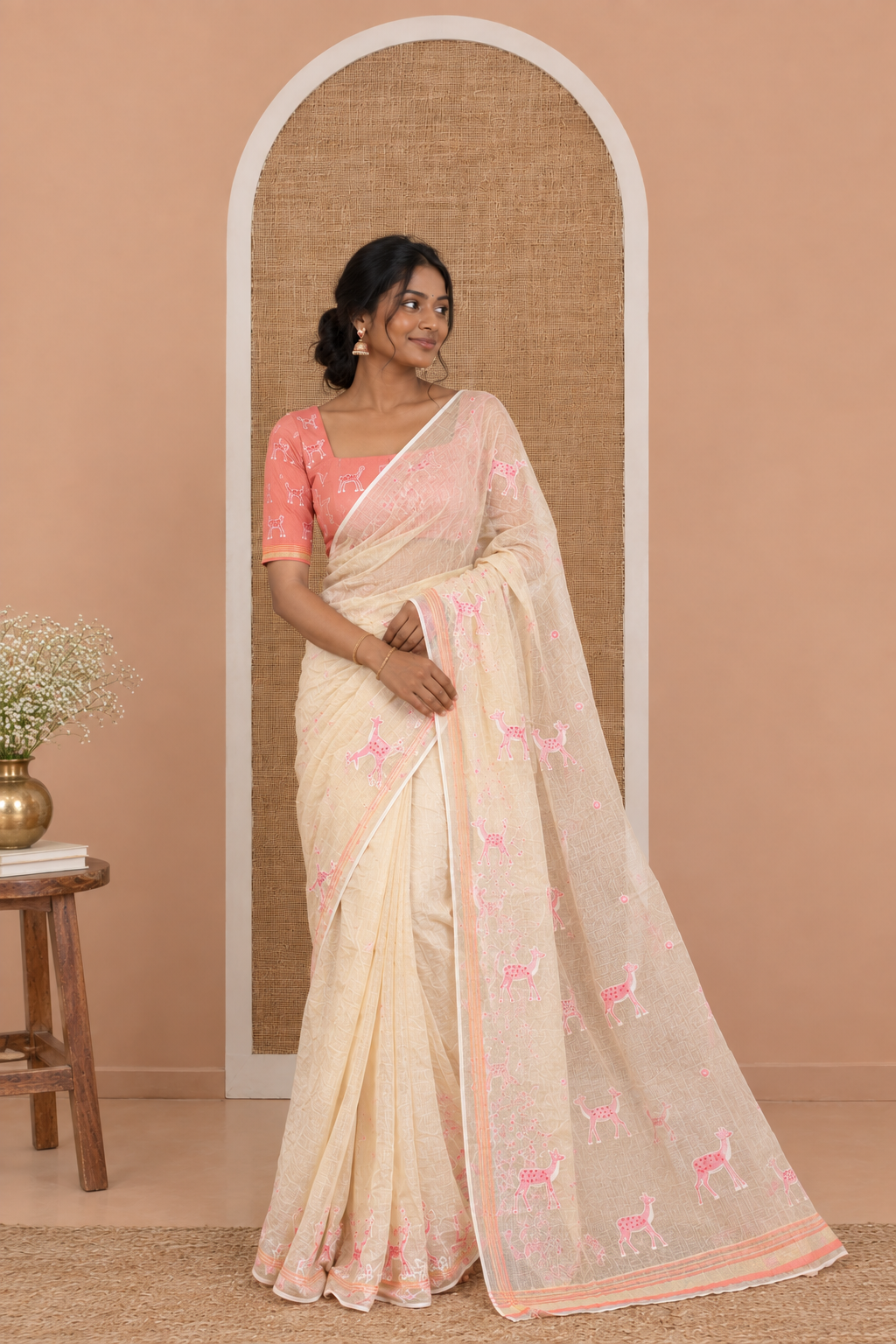 Chikku Kota Doria Saree, Delicately Woven with Floral and Deer Embroidery, a Scallop Border, and a Contrast Deer Embroidery Blouse