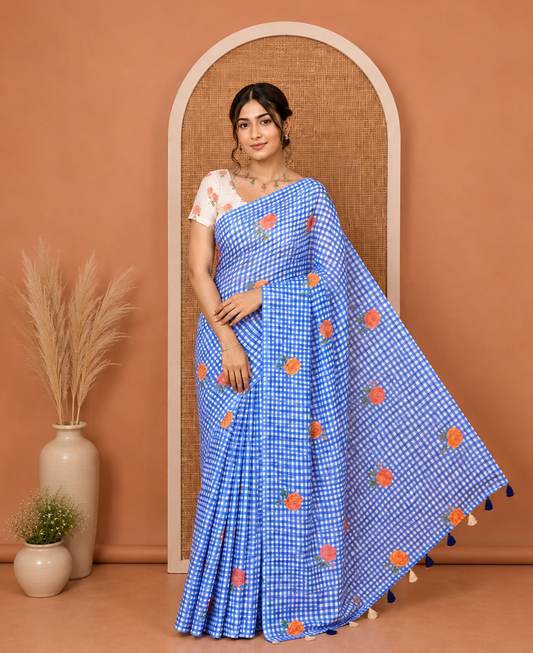 Borderless Blue Linen Cotton Saree, Adorned with Checked Design and Rose Motifs on Its Body, a Self-Pallu, and Paired with a Contrast Blouse
