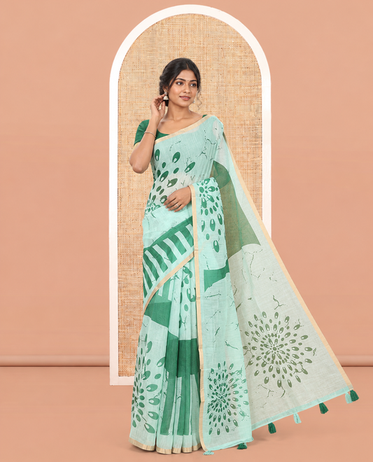 Borderless Rama Green Linen Cotton Saree, Geometric-Abstract Print and Contrast Blouse