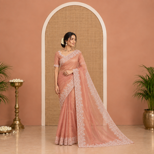 Onion Pink Twill Net Saree, Gleamed Up with Stone Work, Highlighted by a Scallop Embroidered Border, and Paired with a Matching Blouse