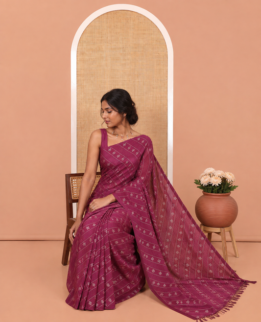 Borderless Purple Vichitra Silk Saree, Gleamed Up with Floral Buttas and Leheriya-Style Foil Print on Its Body, a Self-Pallu, and Has No Blouse