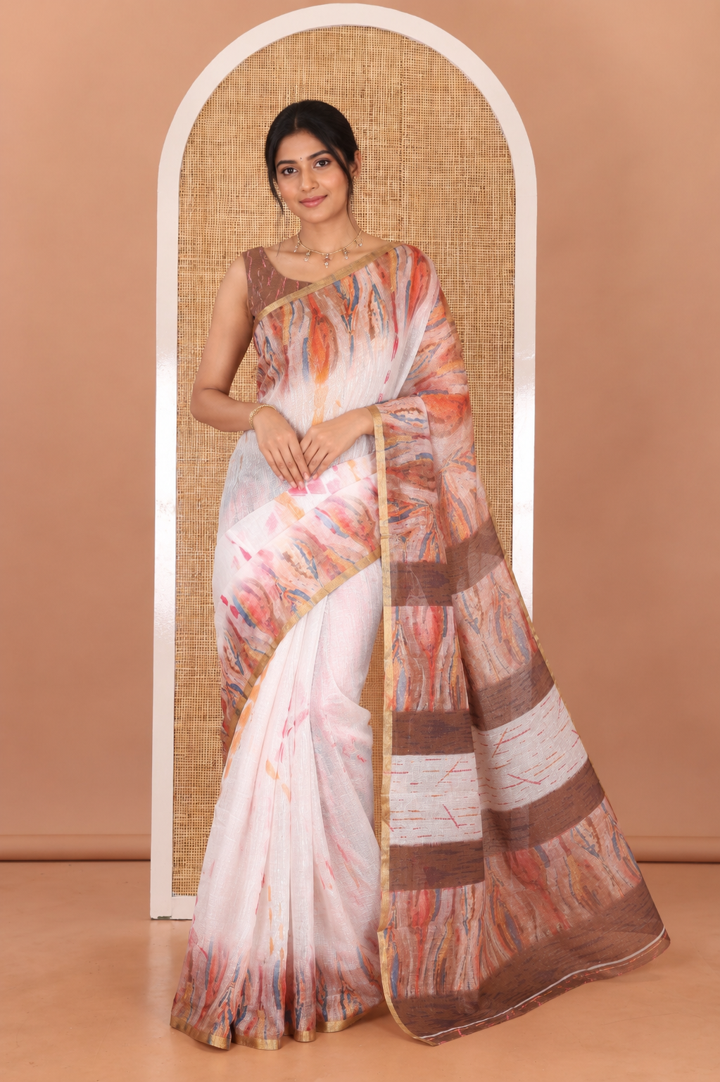 White-Mustard Linen Cotton Saree, Adorned with Shibori Print, Complemented by a Contrast-Printed Border and a Contrast Blouse