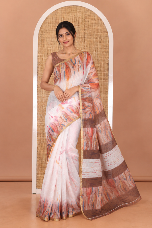White-Mustard Linen Cotton Saree, Adorned with Shibori Print, Complemented by a Contrast-Printed Border and a Contrast Blouse