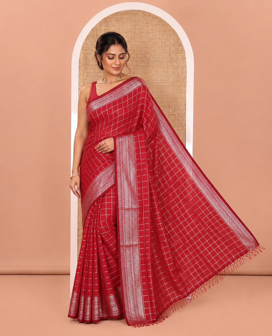 Maroon Vichitra Saree, Gleamed up with Medium-Sized Checked Design on Its Body, Highlighted by a Traditional Design Border, Self-Pallu, and Comes Without a Blouse