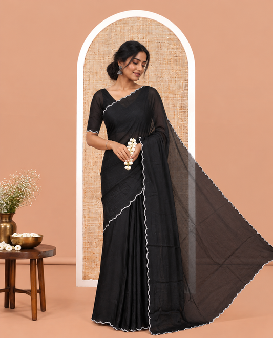 Black Plain Shimmer Satin Saree, a Scallop Stone Work Border, a Matching Blouse