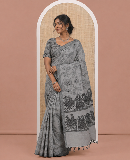 Borderless Light Brown South Cotton Saree Features Traditional Village-Theme Print, and a Matching Blouse