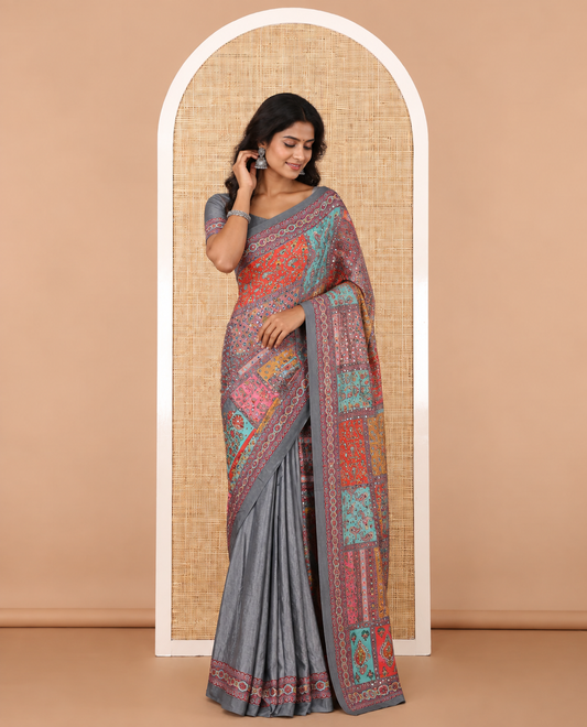 Grey half-&-half colorful geometric printed & mirror work masakali saree, printed border & pallu, plain blouse