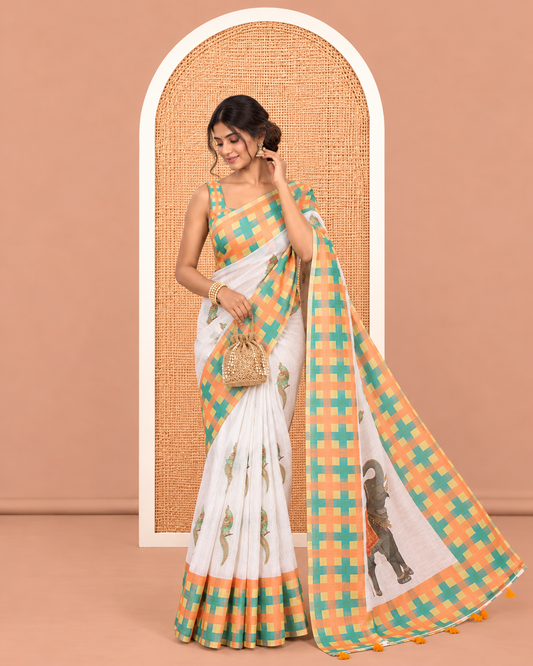 White-Yellow Linen Cotton Saree