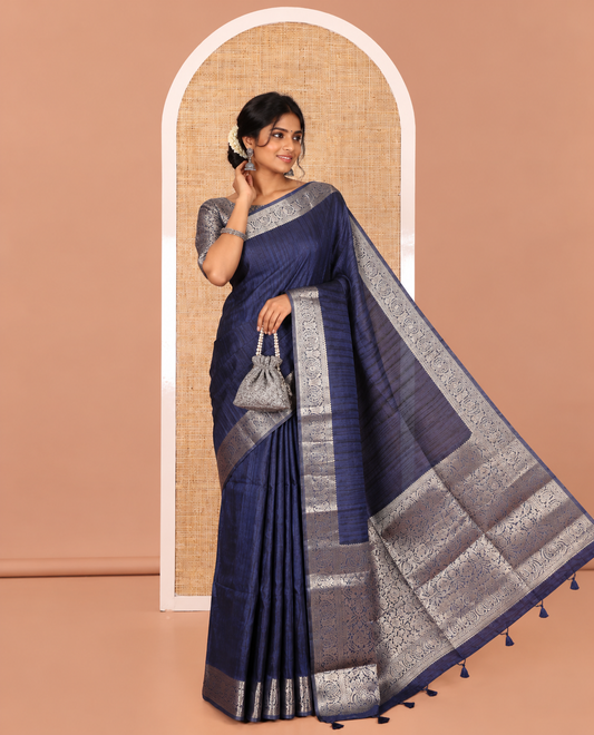 Navy Fancy Tussar Saree, Intricate Border, Grand Pallu, a Printed Blouse, Matching Brocade Blouse