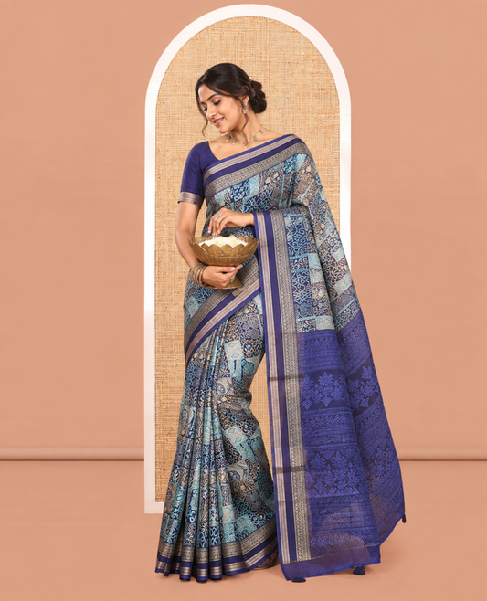 Navy Blue Malai Cotton Saree, Adorned with Handblock Print, a Contrast Border, Sparsely Pallu, Matching Blouse