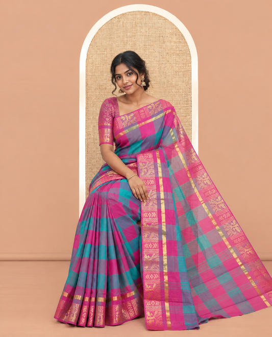 Multi-Color Checked Chettinad Cotton Saree, a Traditional Zari Border, Subtle Pallu, and No Blouse