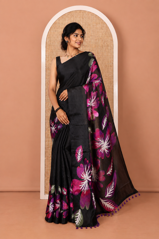 Borderless Black and Violet Khadi Cotton Saree, Colorful Decked Up with Flower Motifs Print on Body and Pallu, and Paired with a Plain Blouse