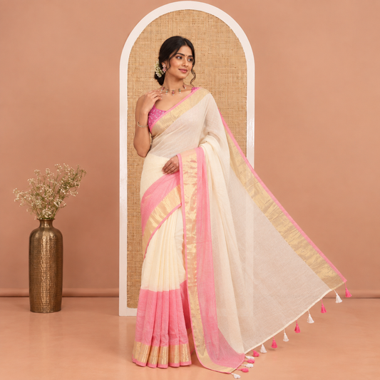 Off-White-Pink Plain Half-And-Half-Style Khadi Mul Cotton Saree with a Zari Border, and No Blouse