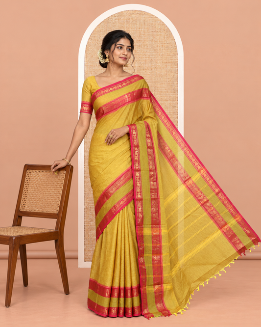 Lemon Yellow Plain Chettinad Cotton Saree, a Contrast Traditional Thread Rettai Pettu Border, Striped Pallu, a Matching Blouse
