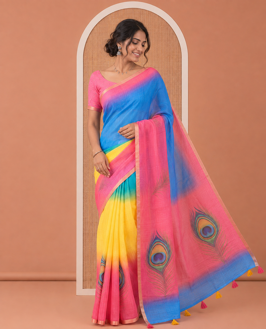 Borderless Multi-Color Linen-Cotton Saree Features Peacock Feather Print and a Contrast Blouse