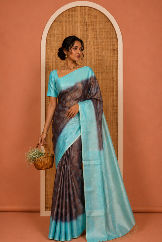 Navy Blue Bhagalpur Cotton Saree, Adorned with Buttas, Complemented by a Contrast Border, Pallu, and a Contrast Blouse