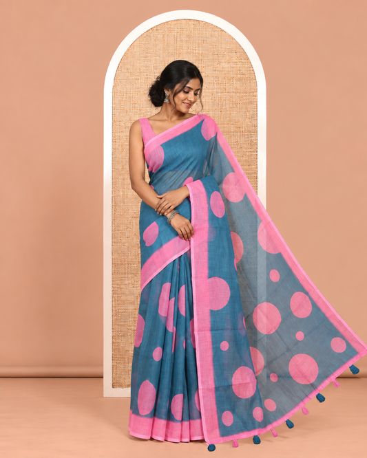Teal Linen Cotton Saree, Subtly Sparkled with Polka Dot Buttas, a Contrast Border, a Contrast Blouse