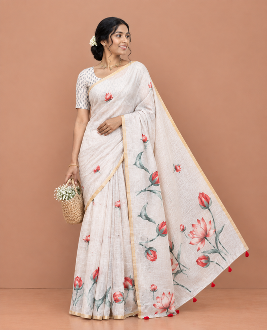 Apple Green Linen Cotton Saree, Beautified with Lotus Print and Mirror Work, a Piping Border, and a Matching Blouse