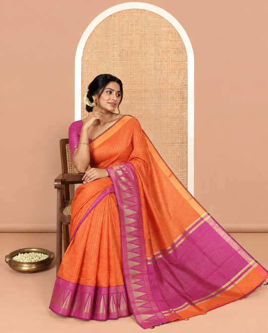 Rust Orange-Magenta Semi-Raw Silk Saree