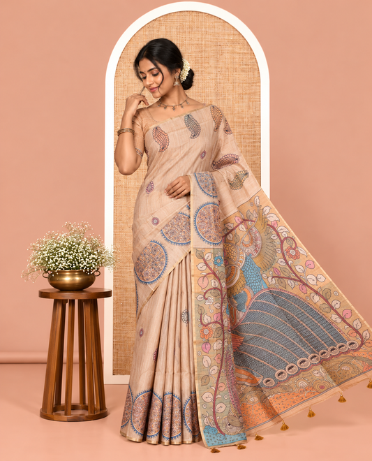 Brown Kalamkari Print Fancy Tussar Saree