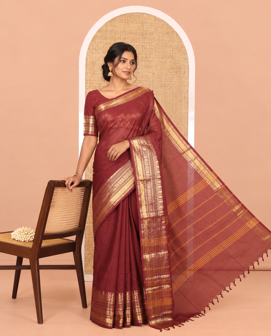 Maroon Plain Chettinad Cotton Saree, Highlighted by Traditional Kanchi Border, Striped Pallu, a Matching Blouse