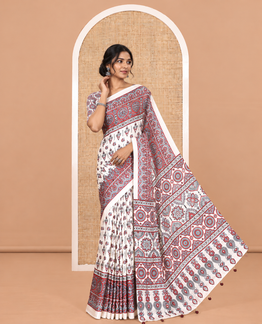 Cream Buttas Satin Crepe Saree