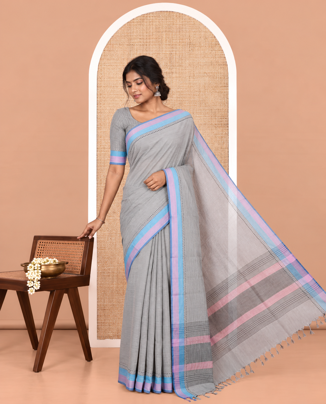 Grey Striped Chettinad Cotton Saree, a Contrast Traditional Border, Striped Pallu, and a Matching Blouse