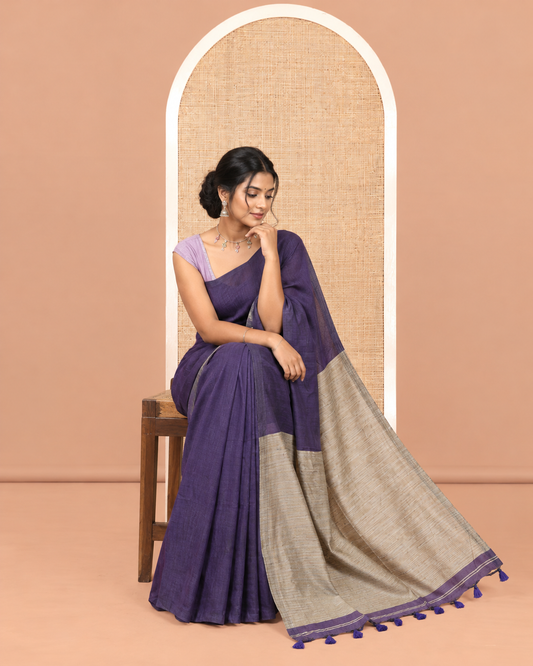 Borderless Violet Plain Khadi Cotton Saree, Jute Pallu, and No Blouse