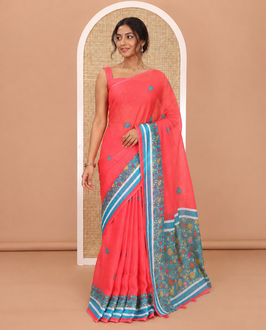 Pink floral motifs printed linen cotton saree with contrast kalamkari floral vine printed border, floral vine printed pallu, and a plain blouse