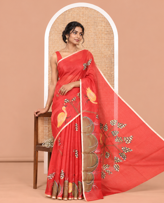 Red Kota Chex Saree, Embellished with Tree and Bird Print, a Piping Border, Pallu of Tree Motifs, and a Matching Blouse