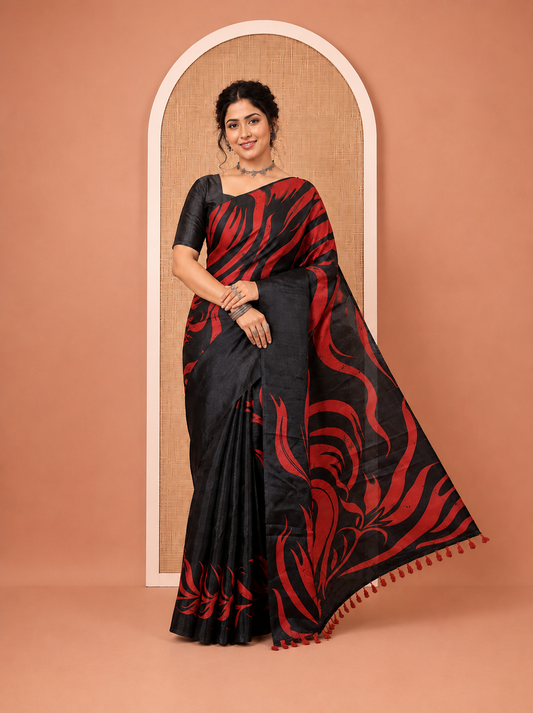 Borderless Black Khadi Cotton Saree, Adorned with Batik-Style Vines Print, a Subtle Pallu, and a Matching Blouse