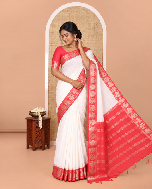 Off-white Plain Semi-Mysore Silk Saree, Complemented by a Contrast Border of Ganda Berunda Designs, Zari Striped Pallu, and Paired with a Contrast Blouse