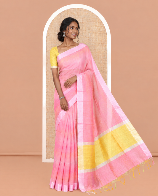 Pink Chanderi Cotton Saree, Adorned with Rainbow-Style Design, a Zari Border, Contrast Pallu, and a Contrast Blouse