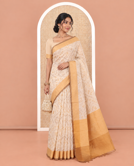 Cream-Mustard Village Warli Printed Patola Cotton Saree, a Contrast Border, Contrast Pallu, and a Matching Blouse