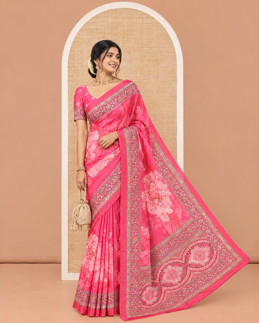 Rani Masakali Saree, Artfully Adorned with Floral Motifs Print, and Mirror Work All Over Its Body, Printed Border, Intricately Printed Mirror Work Pallu, and Paired with a Matching Blouse