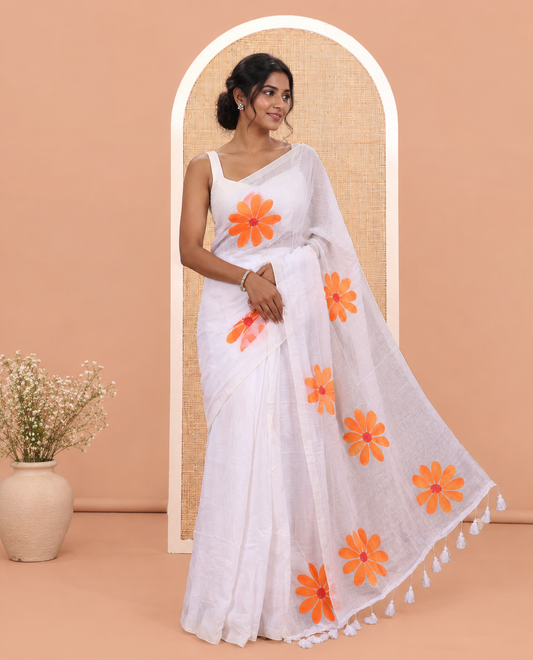 Borderless White-Orange Daisy Flower Printed Khadi Mul Cotton Saree Without Blouse