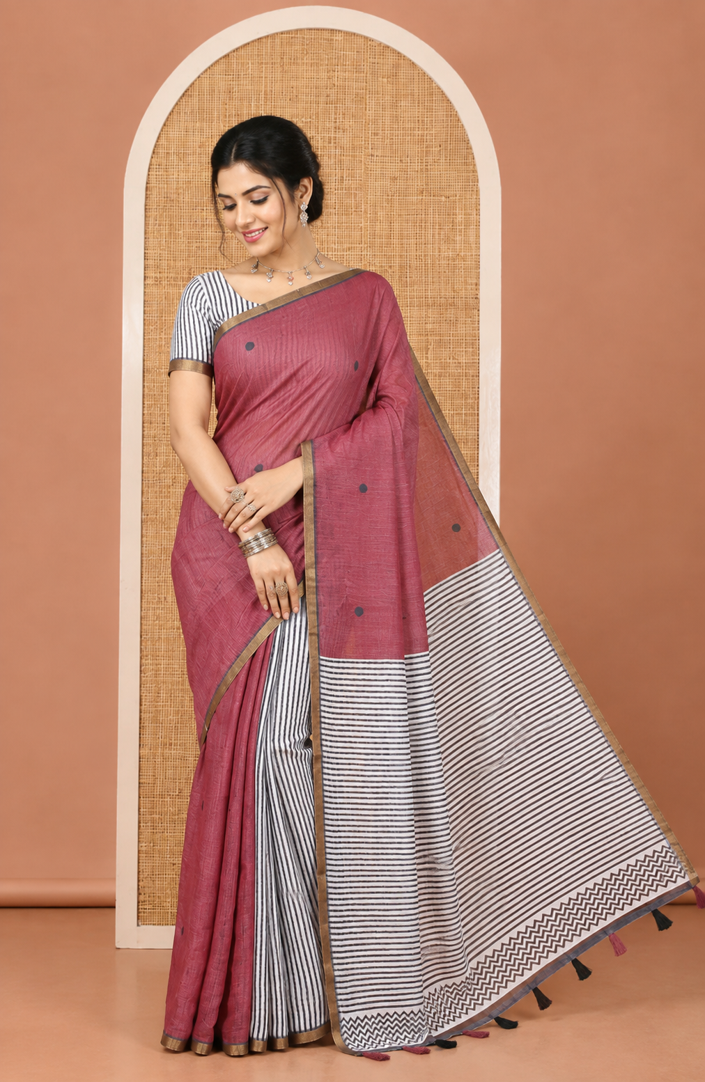 Wine Linen Cotton Saree, Adorned with Half-And-Half-Style Polka Dots, a Subtle Piping Border, Contrast Vertically Striped Pallu, and a Contrast Blouse
