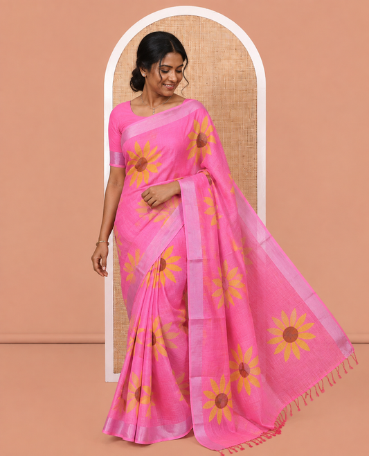 Rani Pink Linen Cotton Saree, Beautified with Sunflower Print, a Zari Border, and a Matching Blouse