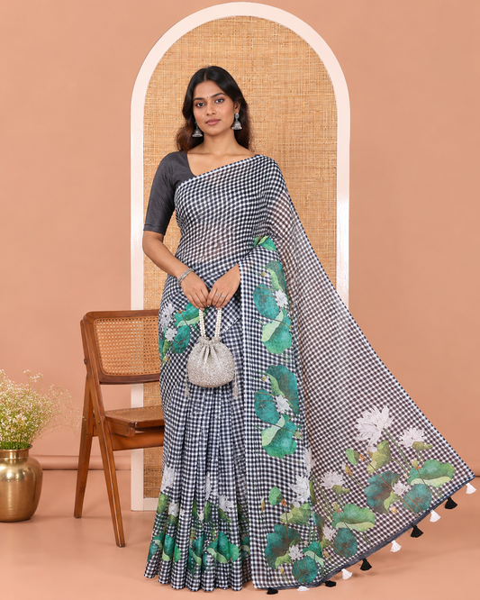 Borderless Black Linen Cotton Saree, Embellished with Micro-Checks and Pichwai Lotus Print, a Subtle Pallu, and a Matching Blouse