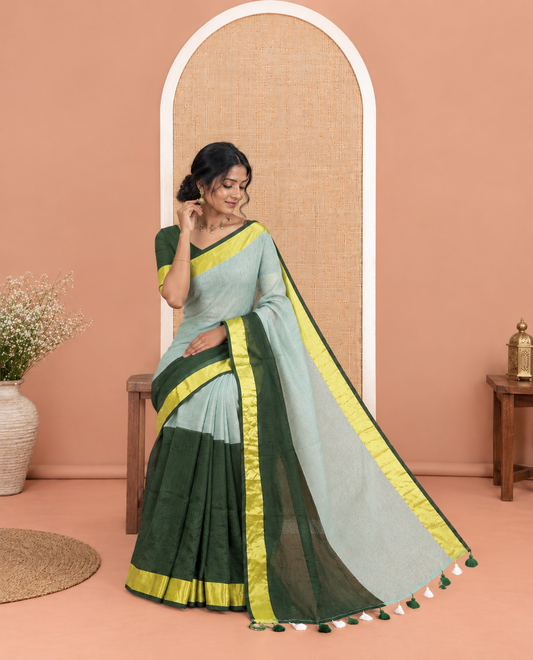 Light Green-Mehenti Half-And-Half Plain Khadi Mul Cotton Saree, with a Zari Border, and No Blouse