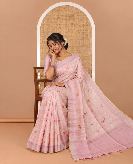 Pink Burberry checked & floral printed fancy tussar silk saree, zari woven border & zari checked pallu & matching blouse of striped & floral print